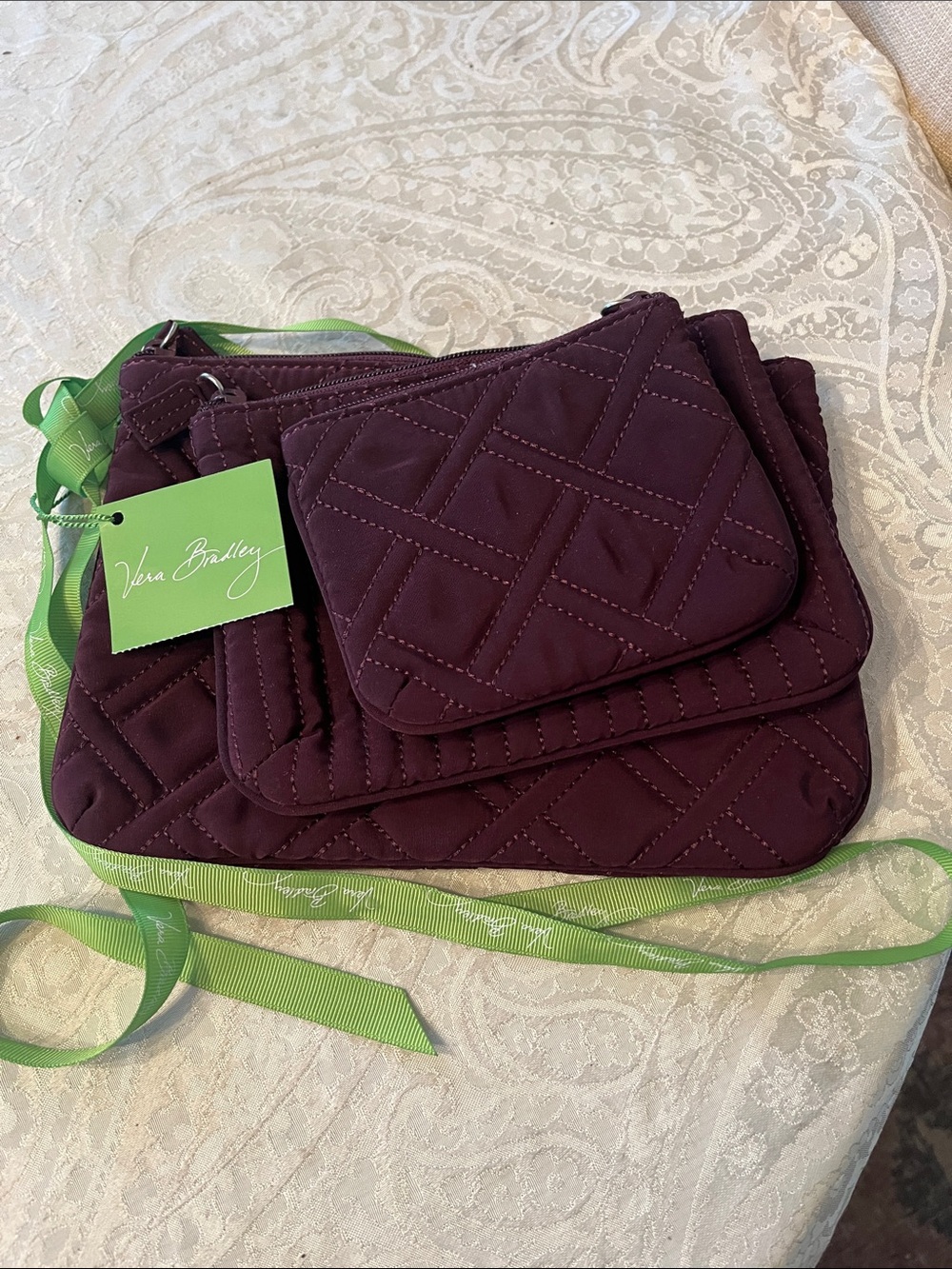 NWT Vera Bradley Deep Plum Quilted Cosmetic Trio Wine